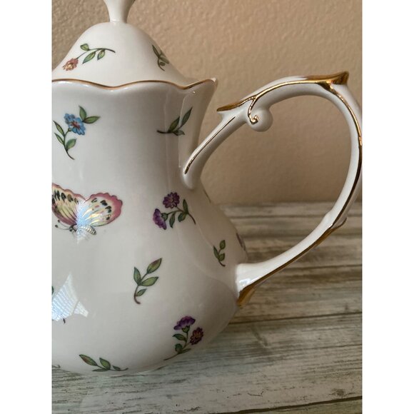 Burton + Burton Morning Meadows Teapot Butterflies Bees Flower Gold Trim - 4 Cup - Picture 8 of 16